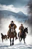 Placeholder: inspired by all the works of art in the world - laughing - an old cowboy, wearing a cowboy hat and long, trench coat leads a horse through the snow, full body image, Absolute Reality, Reality engine, Realistic stock photo 1080p, 32k UHD, Hyper realistic, photorealistic, well-shaped, perfect figure,