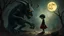 Placeholder: gentle, protective monsters protects the alone child against bad evil people, random background random, deep dark color, , moon, mist, rain, highly detailed, weird , surreal dark fantasy mood style like T. Burton