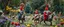 Placeholder: depth of field, halo, blue and red clothed gnomes riding cats with lances in garden of eden in the style of Escher and Giger