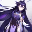 Placeholder: Clear focus,High resolution, Black long straight hair, Long bangs, and purple eyes, wearing a Genshin Impact outfit, Cartoony Style