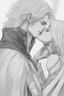 Placeholder: Strahd Von Zarovich being kissed by a beautiful woman with white hair. Settling and background are a lavish toomb with an ebony coffin.