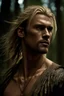 Placeholder: Tall muscular man aged 35 with light shaggy hair which falls around his shoulders, blonde neatly trimmed beard, bare chested, photorealistic, dark fantasy, forest.