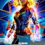 Placeholder: Captain Marvel,flying in the sky, hair on fire, realistic, vibrant colors, Kate beckinsale's face, long hair, gold angel wings, full body, in space, muscular, hyperrealistic