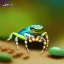 Placeholder: close up on dollie deluxe riding spider, bright eyes, in underground wonderland, cards, lizard court