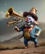 Placeholder: mechanoid happy friendly fat clown playing jazz with a steampunk theme, trumpet, realistic