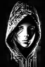 Placeholder: Create a graphic picture of an mystical women hacker with an huddie with the face forward faceing, in black and white to be used as a logo