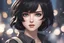 Placeholder: elizabeth with short black hair in 8k 2D anime realistic drawing style, elizabeth custom, close picture, rain, highly detailed, high details, detailed portrait, masterpiece,ultra detailed, ultra quality