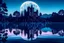 Placeholder: lost castle in the middle of a lake seen from shore with full moon in background at night