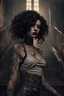 Placeholder: scarred cyberpunk vampire girl with tribal tattoos short curly dark cyberpunk hair descending the staircase in decaying dark mansion on fire