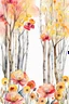 Placeholder: red, orange, yellow, pink flowers before birches. stylized watercolor, extremely textured botanical theme