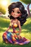 Placeholder: An airbrushed chibi black cartoon of a curvaceous woman with flowing black hair twisted up, wearing a colorful maxi dress. She sits relaxed on the grass facing the warm sunlight, which illuminates her face as she looks to the side with a small smile, accentuating her prominent makeup and brown eyes.