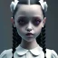 Placeholder: jenna ortega, wednesday addams hair style, wednesday make up, wednesday addams black dress, cinematic, addams family wednesday style, hyper detail, octane render, unreal engine 5, 8k resolation