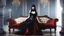 Placeholder: Full-body shot, of slender goth woman, lying on a couch, long straight brunette hair with bangs, fair skin, red lips, slender, flared skirt, corset, stockings. fantasy background.