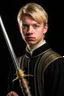 Placeholder: young european blond short hair adult royal guard swordsman with rapier