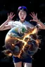 Placeholder: An image of a young Korean woman with a eyes closed expression happy, holding her hands up as if she is reacting to a catastrophic event in front of her. Film, cinematic, realistic, extreme depth of field, She is wearing a white blouse with detail, blue shorts, and sunglasses pushed up onto her head. In front of her, there is a highly detailed planet resembling Earth, dramatically cracking and breaking apart with fiery explosions and molten lava visible at the fractures.