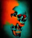 Placeholder: broken realistic skull. black background. smoke and explode. particles in air. teal and orange. abstract. beksinski.