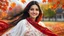 Placeholder: Hyper Realistic Close-Up-View of Extremely-Beautiful Young Happy Pashto Girl With Long-Black-Hair-Beautiful-Eyes-&-white-frock-with-red-shawl-with-white-embroidery Whirling-&-smiling in Autumn-Weather with cloudy sky in-an-Autumn-garden-with-orange-leaves-whirling-&-grass-arches showing dramatic & cinematic ambiance.