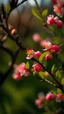 Placeholder: Spring is coming, fresh red peach blossoms and buds, flowers are blooming. There are green dates hanging on the branches. The night came early, the dawn came late, the buckets were full of flowers, and dew was at the door.