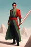 Placeholder: Red Blindfold, Male Tan Human, Extremly Long Black Hair, Peaceful body pose, Red Fancy Lightsaber With a Crossgaurd.