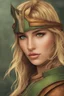 Placeholder: A beautiful woman with blond hair and green eyes. Brown leather armor.