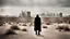 Placeholder: photography of a hooded man in the desert, postapocalyptic, distant skyscrapers, grit, wreck of cadillac