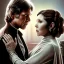 Placeholder: carrie fisher embracing harrison ford, waist up portrait, photorealistic faces, intricate, oil on canvas, masterpiece, expert, insanely detailed, 4k resolution, cinematic smooth, intricate detail , soft smooth lighting, soft pastel colors,