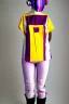 Placeholder: Photograph of a woman. Huge prints on denim,terracotta, cream and purple, lilac. Cream colored latex parts. imperial yellow, red plum mixed stripes, only on top half of t-shirt. Plant print.European daft punk woman. Baggy jeans, low waist, 1996! Mantle is sewed of recycled Denim and sewed together of recycled polymer felt. lace, Yellow(Munsell) areas. hint of orange as effect color!!Big bright purple/khaki felt tippet and cream or blue or lilac colored-hood. mantle is merged with cobalt bolero