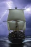 Placeholder: Ship front view with a Spider figurehead at night in a storm with giant waves