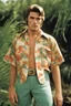 Placeholder: full color Portrait of 18-year-old prude Elvis Presley with medium length bob-styled blonde hair, wearing a Hawaiian shirt and bermuda shorts- well-lit, UHD, 1080p, professional quality, 35mm photograph by Scott Kendall