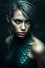 Placeholder: an intense alluring mermaid with wet short grey hair tucked behind ears, she has green eyes and light freckles. her entire body is covered in gradiated dark to light green mottled hexagon scales that transistion into skin at neck, ,