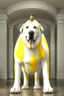 Placeholder: humans obey front of the huge yellow-white big dog, myistic atmhosphare. Realistic, render, 4k