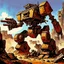 Placeholder: 90's fantasy tcg art of a giant junk mech made of multiple parts in the ruins of a post apocalyptic sludge junkyard firing a a machine gun