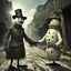 Placeholder: sinister weirdcore, anthropomorphic Snowman shaking hands with a scarecrow in middle of city street in the summer, by Leszek Bujnowski and Peter-Joel Witkin, mind-bending hyperrealism, weirdcore, something strange about to happen, sunny day natural lighting, colorful