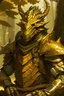 Placeholder: Dragonborn DnD, golden, friendly face, tree knight