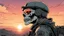 Placeholder: modern soldier with a skull mask looking over a sunset from behind drawn by akira toriyama