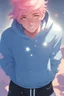 Placeholder: An androgynous young man with tousled pink hair and golden eyes floating among the stars wearing a light blue hoodie and black board shorts. He is smiling softly and holding a star in one hand.