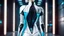 Placeholder: picture from behind the human android female with short white hair, white albino skin , she wearing black-silver-white colors futuristic fashion cloths, full body, she walking in high-tech futuristic office, sci-fi mood, ultra detailed, high contrast, Professional photography