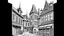 Placeholder: Ground-level black-and-white outline sketch of Diagon Alley, houses, and shops, with tall, crooked roofs and chimneys