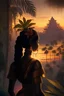 Placeholder: Javanese princess from a distance looking at us with jungle in background and backlit near sunset