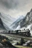 Placeholder: A train near mountains painted by Zhang Lu