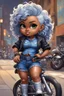 Placeholder: create an expressive oil painting illustration of a chibi cartoon voluptuous black female wearing a blue jean outfit with biker boots. Prominent make up with hazel eyes. Extremely highly detail of a very low platinum blonde pixie haircut. Background of a bike show.