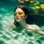 Placeholder: Emma Stone underwater with yellow flowers for hair, closed eyes, rtx, reflection, 8k, glow, winning photography, caustics