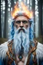 Placeholder: god Zeus in the forest, blue eyes, white beard, oak grove, fire, lightning, blue hair, ethnic symbols, Scandinavian signs on the body, high definition image, realistic image on a white background