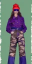 Placeholder: Model, Caucasian woman. sérigraphie on denim with purple, lilac, green, khaki and crimson, red colors. Camouflage patterns are screen printed on denim. Woman in her 30's. thick thighs, thick calves, flat belly, wide hip. Mantle made of recycled Denim by sewing. Big bright purple and blue felt pieces makes mantle, which is merged with satchel. purple tippet, cream-color inside the hood. AKG headphones is merged with small felt cap with small visor. Haute Couture, 1990's