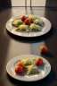 Placeholder: Raviolis, Italian Renaissance style still life consisting of a plate of Italian ravioli with natural cherry tomato and basil accompanied by olives, moisture ambient, natural ornaments, ceramic, marble, high kitchen, smooth, god rays, unreal engine 5, ray tracing, RTX, lumen lighting, ultra detail, volumetric lighting, 3d.