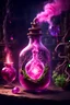 Placeholder: An elixir full of energy in a jeweled potion bottle in a dark wizards room. realistic heart in a jar. glowing. high resolution. pink potion. flowy smoke. love potion. sparks around the potion. mysterious. roots and vines and herbs in potion