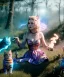 Placeholder: Ultra realistic wonderland photo, happy blonde woman smoking a shisha, blue dress, purple-cat friend, circus dress style, old school tattoo, smoke, marijuana garden, glow eyes, perfect iris, soft color, highly detailed, unreal engine 5, cinematic, ultra detail, volumetric lighting, high definition.