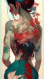 Placeholder: There is a woman's back, Tattoos with red and teal flowers on the back, ukiyo-style, Guviz-style artwork, Guviz, Alphonse mucha and rossdraws, A beautiful artwork illustration, By Li Song, by Yang J, author：Zou Zhe, By Zeng Jing, by Ye Xin, author：Shitao, author：Zhou Fang, korean art nouveau anime