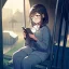 Placeholder: anime girl sitting on a porch swing of an old house, journaling, wearing pajamas,sitting next to a cup of coffee, writing in a book, shes watching it rain, more detail on hands and her face,shes deep in her thoughts, wearing glasses, rain drops