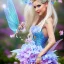 Placeholder: Fantasy fairy with transparent wings, smiling, make up, long platinum blond hair with crown and flowers, blue dress, flowering background